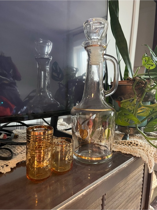 Other - Vintage Clear Glass Decanter with Amber Shot Glasses set of 3